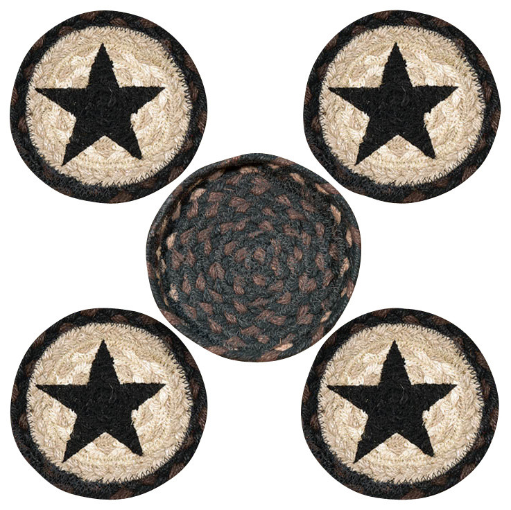 Black Star Round Coasters in a Basket (Set of 5)