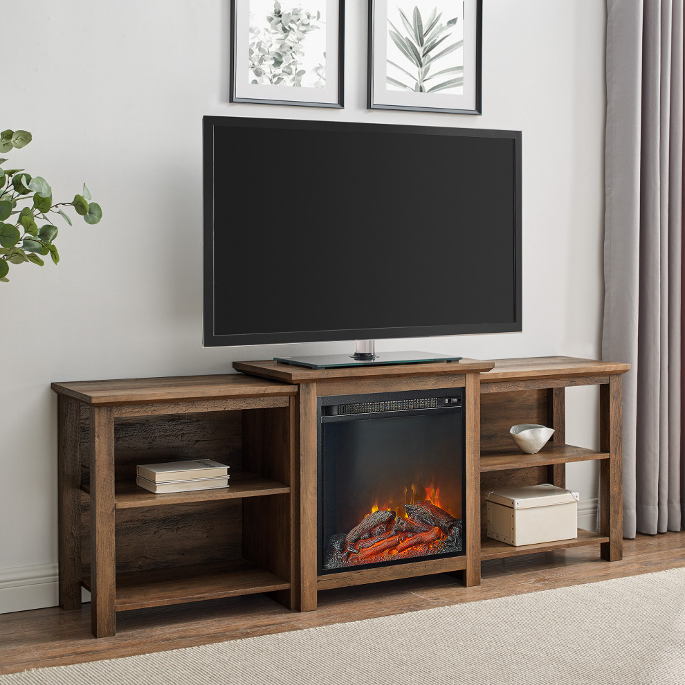 70" Tiered Top Open Shelf Fireplace TV Console, Reclaimed Barnwood