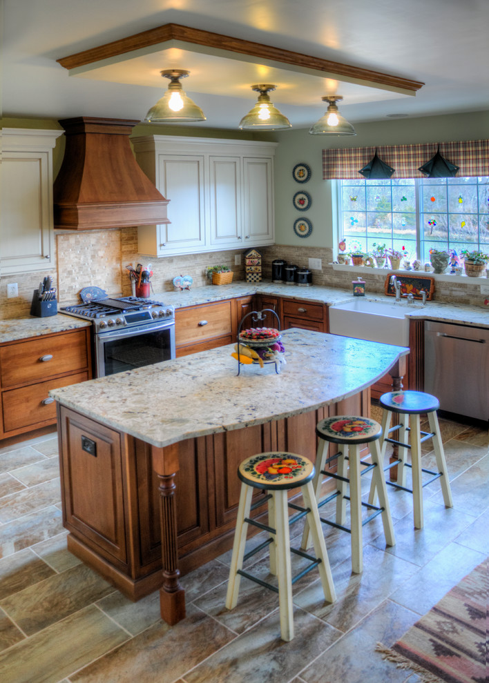 This is an example of a mid-sized country l-shaped eat-in kitchen in Richmond with a farmhouse sink, beaded inset cabinets, white cabinets, granite benchtops, beige splashback, stone tile splashback, stainless steel appliances and with island.
