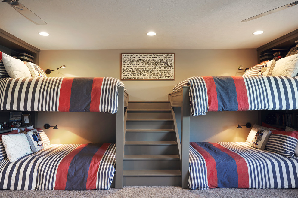 Large mountain style guest carpeted and beige floor bedroom photo with gray walls and no fireplace