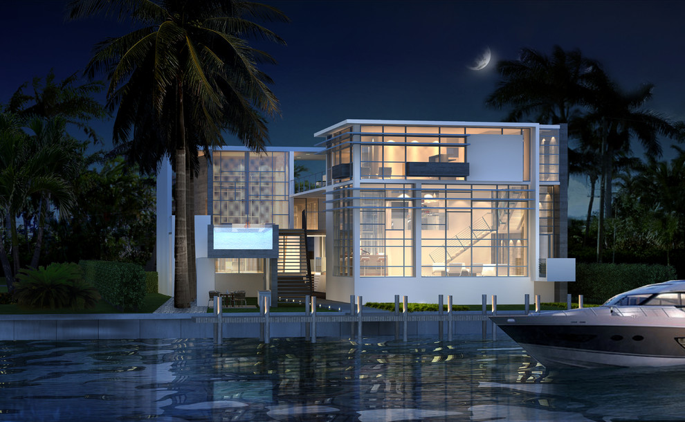 Inspiration for a large modern three-storey stucco white exterior in Miami with a flat roof.
