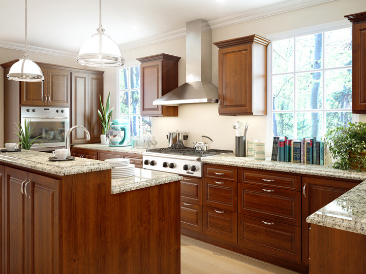 Example of a large transitional u-shaped eat-in kitchen design in Seattle with medium tone wood cabinets and an island