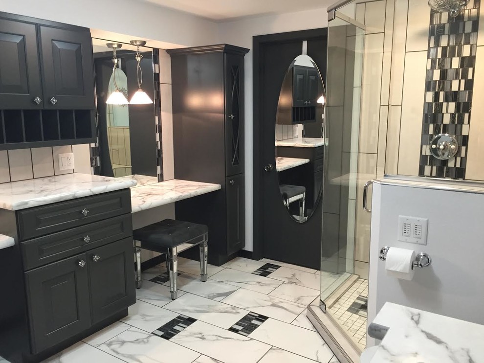 Inspiration for a large contemporary 3/4 bathroom in Other with raised-panel cabinets, grey cabinets, a corner shower, grey walls, porcelain floors, an undermount sink, laminate benchtops, multi-coloured floor and a hinged shower door.