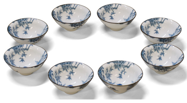 Blue & White Bird and Flower Motif Chinese Porcelain Tea Cups