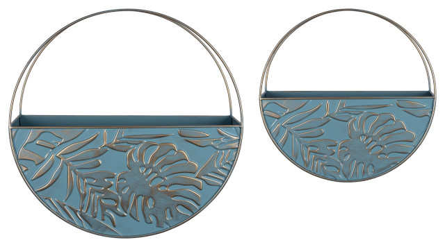 Set of Two Blue And Gold Leaf Pattern Wall Planters