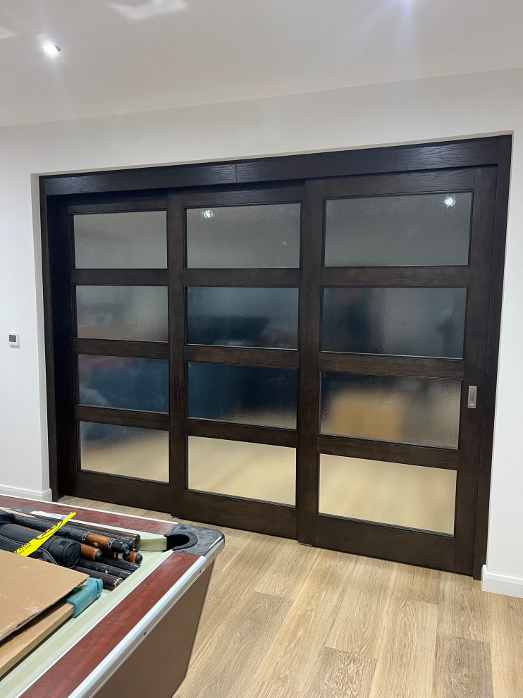Bespoke Stained & Lacquered Oak Veneer and Glass Telescopic Sliding Doors