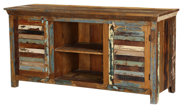 Appalachian Rustic Reclaimed Wood Shutter Door Media Cabinet