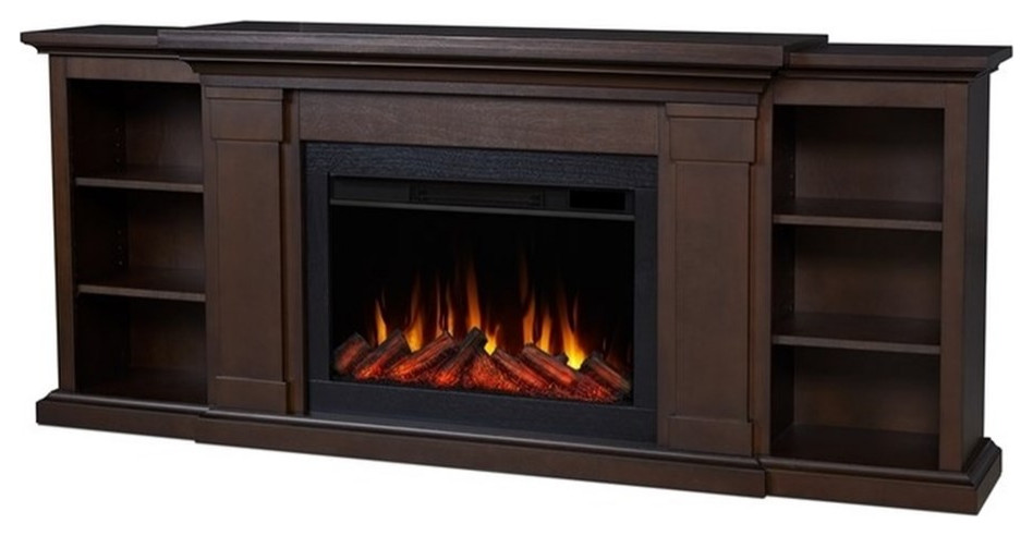 Bowery Hill Solid Wood Slim Media Electric Fireplace in Dark Walnut