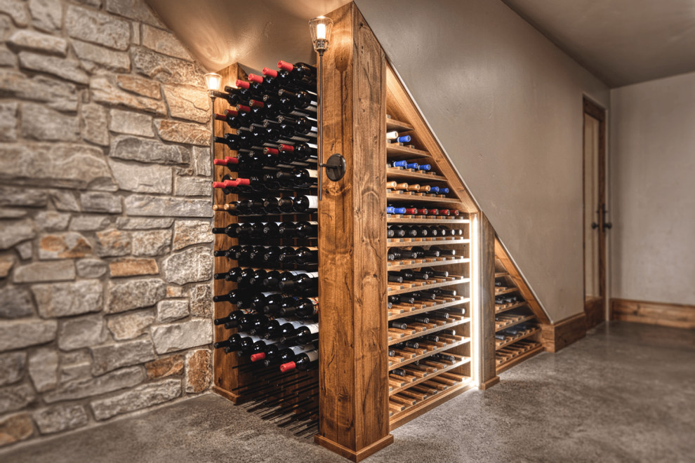 Mid-sized tuscan concrete floor and gray floor wine cellar photo in Portland with diamond bins