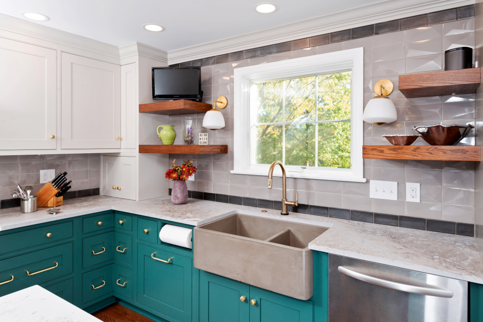 Photo of a large transitional l-shaped kitchen in Other with a farmhouse sink, beaded inset cabinets, quartz benchtops, beige splashback, subway tile splashback, stainless steel appliances, with island, brown floor, grey benchtop, turquoise cabinets and dark hardwood floors.