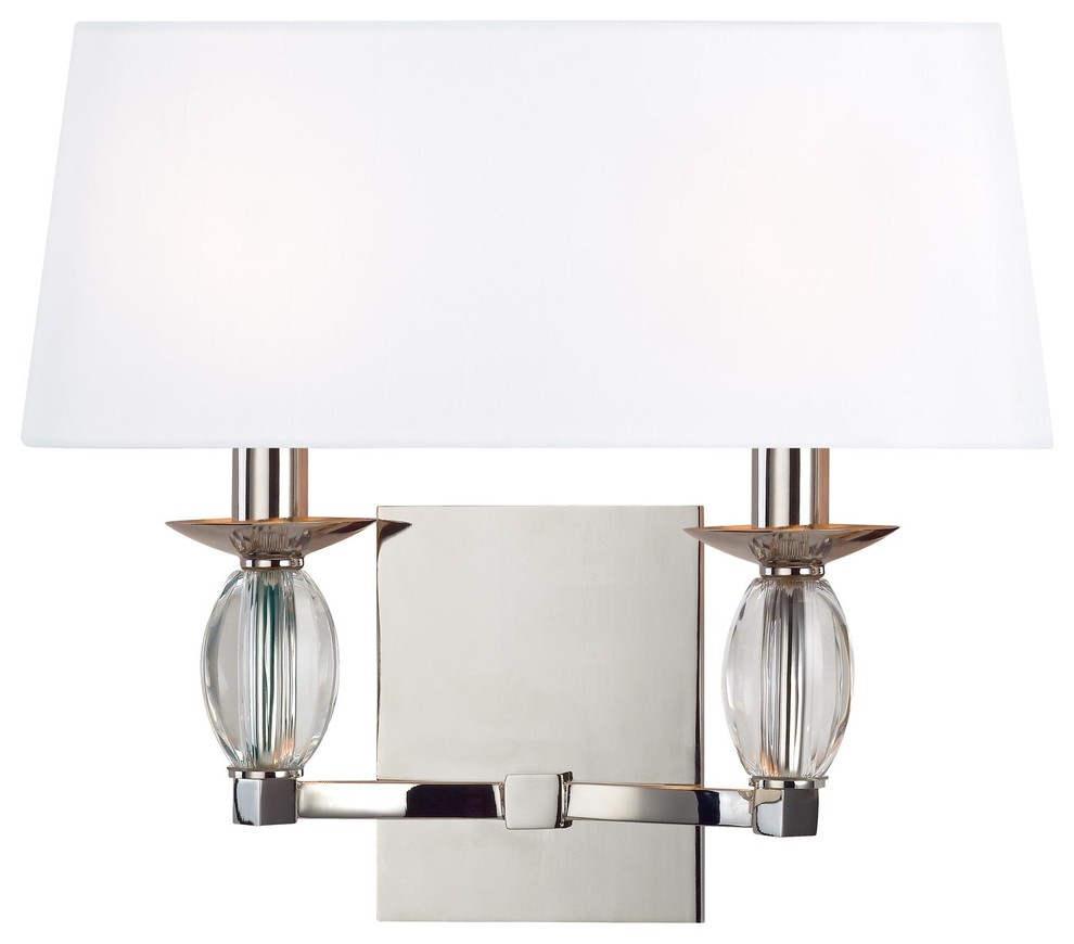 Cameron, Two Light Wall Sconce, Polished Nickel Finish, White Faux Silk Shade