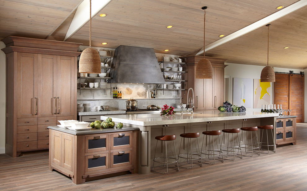 Inspiration for a large transitional single-wall eat-in kitchen in Miami with a single-bowl sink, recessed-panel cabinets, medium wood cabinets, multi-coloured splashback, stainless steel appliances, medium hardwood floors and with island.