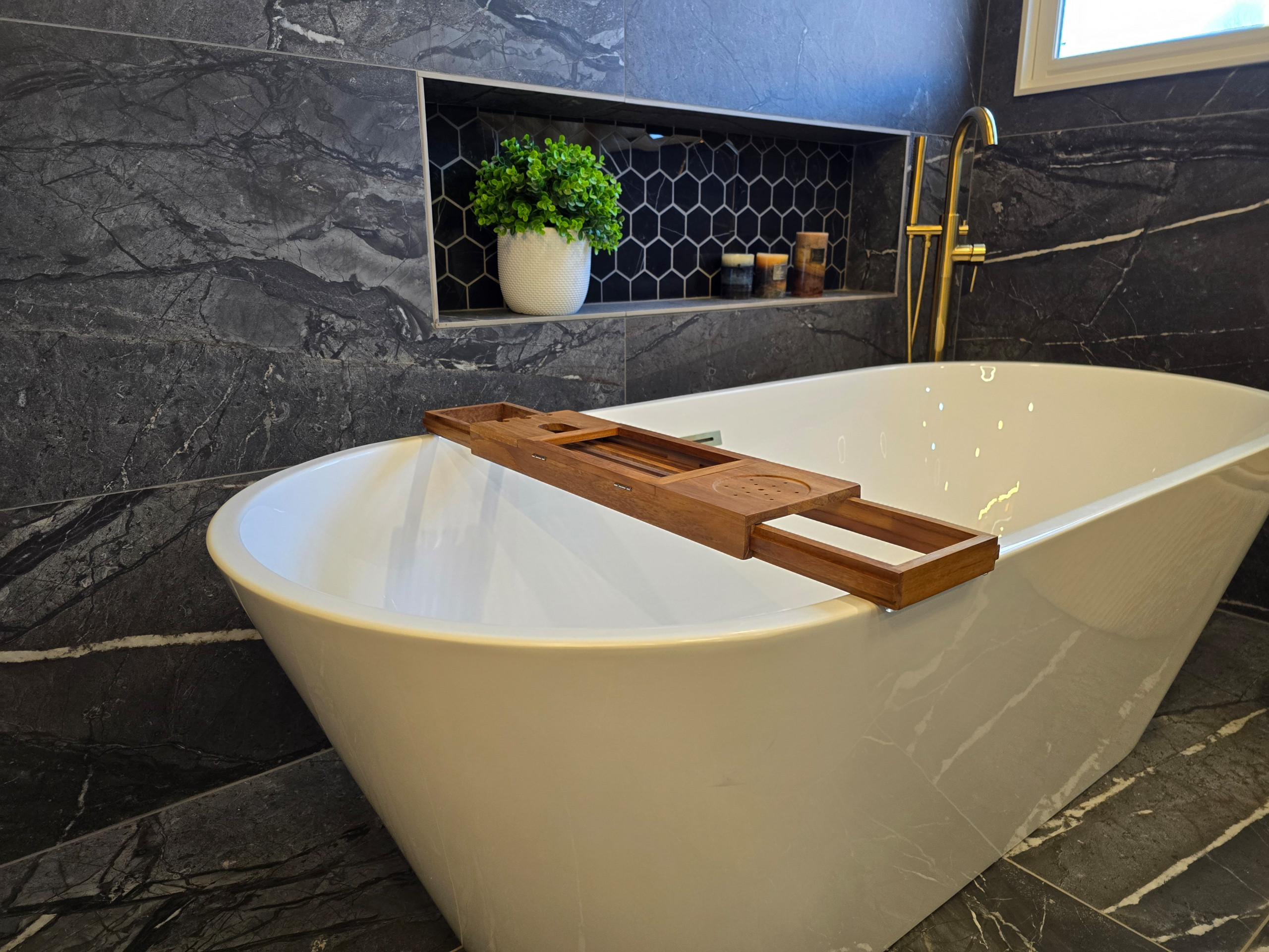 Main Bath full remodeling with custom vanity, freestanding tub & walk-in shower