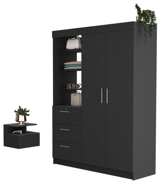 Kenya 2 Piece Bedroom Set, Armoire + Nightstand, Black Transitional