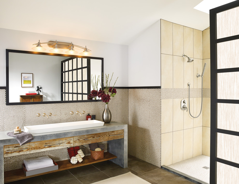 Inspiration for a contemporary 3/4 bathroom in Cleveland with open cabinets, grey cabinets, mosaic tile, white walls, a trough sink, concrete benchtops, brown floor and an open shower.