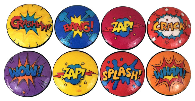 8 Piece Set Colorful Comic Book Action Words Cabinet Knobs