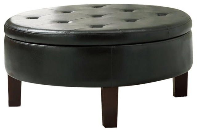 Benjara 36" Round Traditional Tufted Vinyl Storage Ottoman in Dark ...