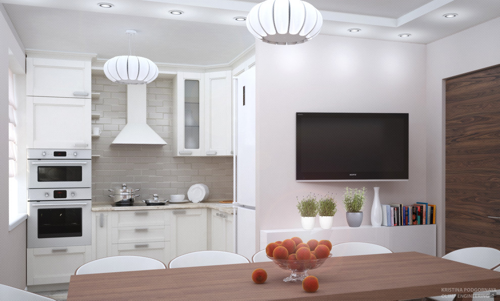 Визуализация интерьера квартиры в современном стиле с классической кухней