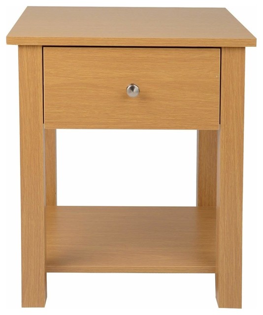 Bedside Table, Oak Finished Solid Wood With Drawer and Open Shelf for Storage