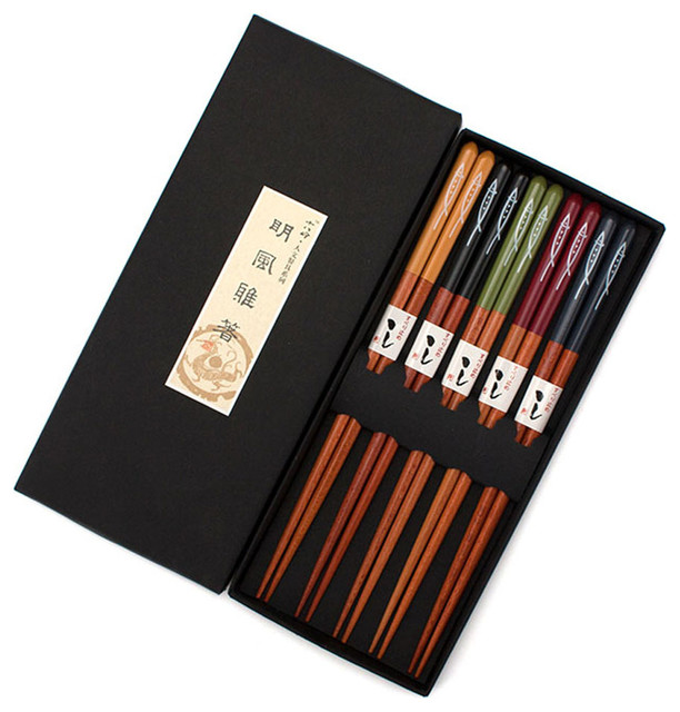 5Pair Wooden Japanese Gift Sets Reusable Chopstick With Case Modern Chopsticks by Blancho