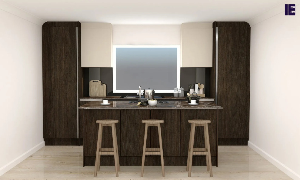 Imagen de cocina comedor lineal actual pequeña con armarios con paneles lisos y puertas de armario de madera en tonos medios