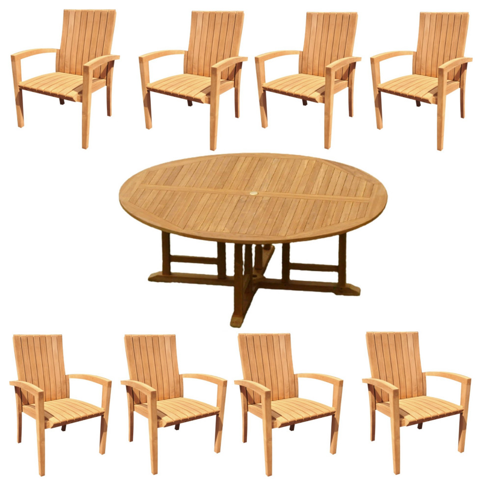 9Piece Outdoor Teak Dining Set 72" Round Table, 8 Goa Stacking Arm