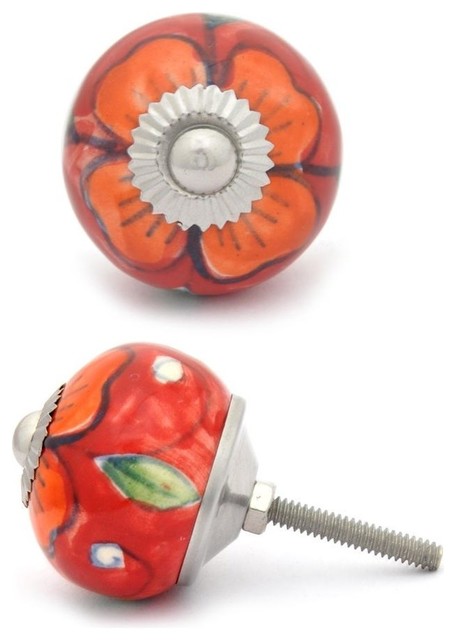 Ceramic Knobs Orange Flower And Green Leaf With Red Base Set Of