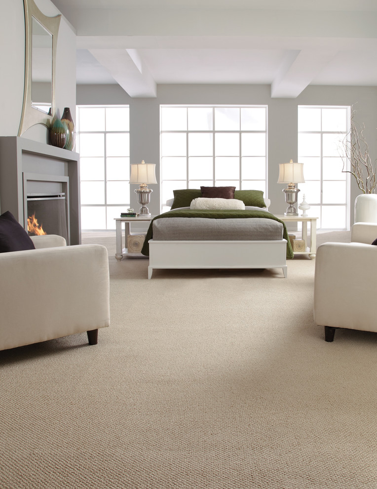 Bedroom - transitional master carpeted bedroom idea in Phoenix with gray walls, a two-sided fireplace and a concrete fireplace