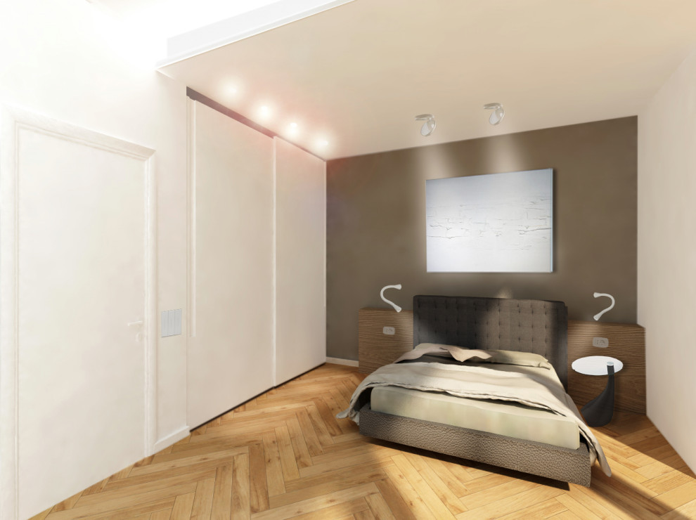 This is an example of a mid-sized modern master bedroom in Other with white walls, light hardwood floors and recessed.
