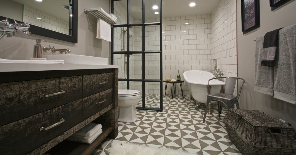 Inspiration for a large country master bathroom in San Francisco with flat-panel cabinets, distressed cabinets, a claw-foot tub, a curbless shower, a two-piece toilet, white tile, subway tile, grey walls, ceramic floors, a vessel sink and quartzite benchtops.