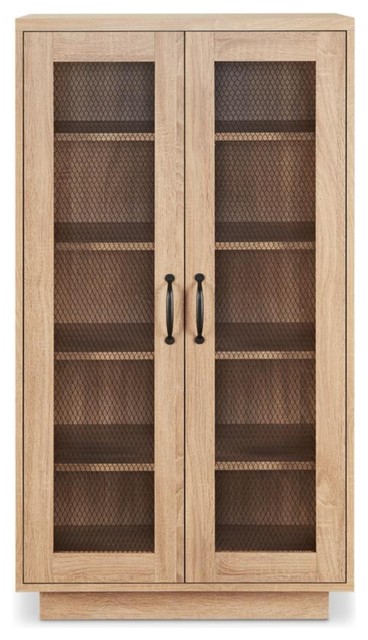 Wooden Cabinet With Two Wire Mesh Doors And Five Open Compartments