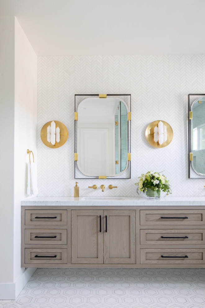 Beach style bathroom in Orange County with a double vanity and a floating vanity.