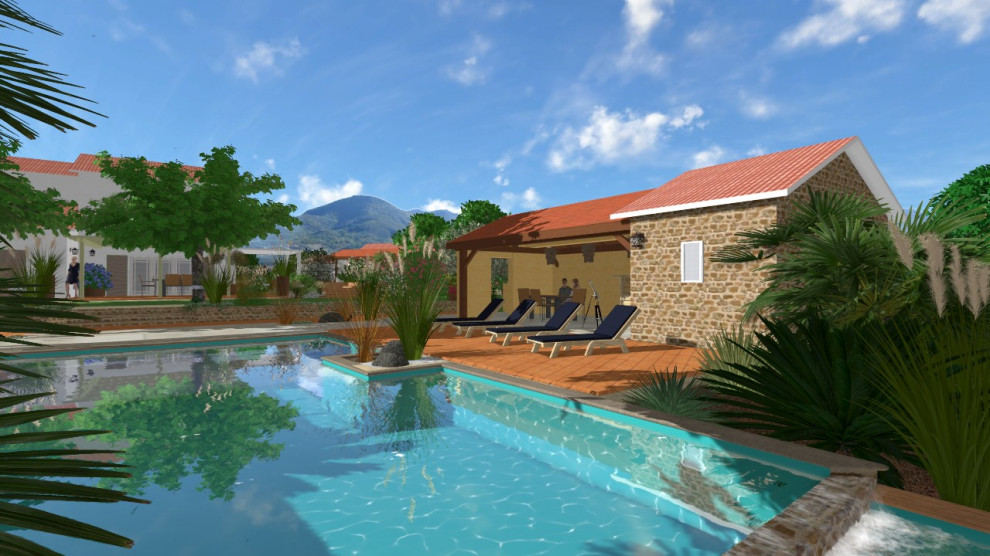 Immagine di una grande piscina a sfioro infinito mediterranea personalizzata
