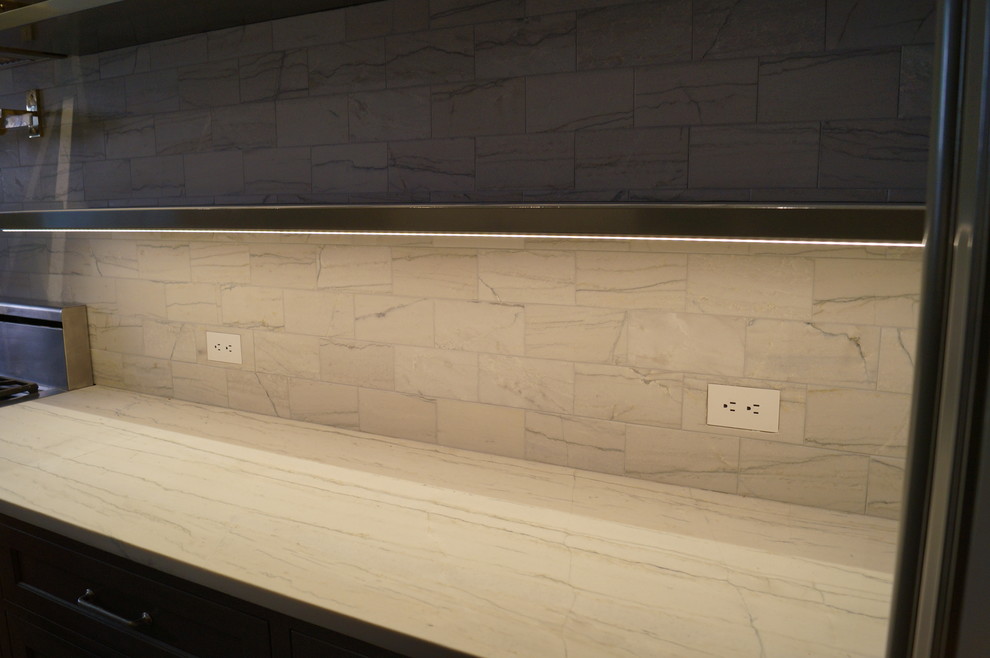Silver Quartzite Countertops and custom cut 4x8 tile splash