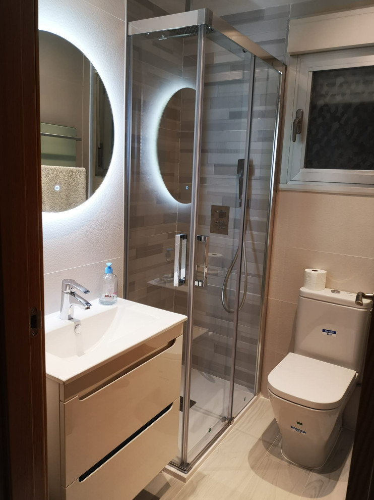 Medium sized modern ensuite bathroom in Other with flat-panel cabinets, white cabinets, a corner shower, a wall mounted toilet, beige tiles, ceramic tiles, beige walls, ceramic flooring, a wall-mounted sink, quartz worktops, beige floors, a sliding door, white worktops, a single sink and a floating vanity unit.