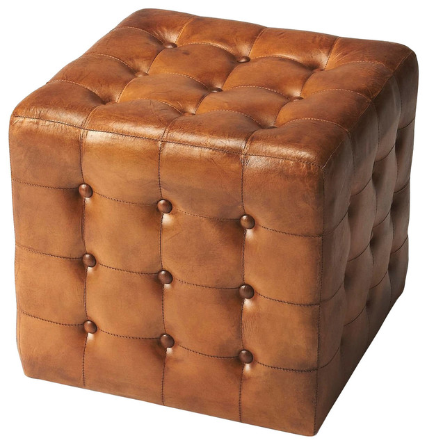 Offex Transitional Square Brown Leather Ottoman, Medium Brown