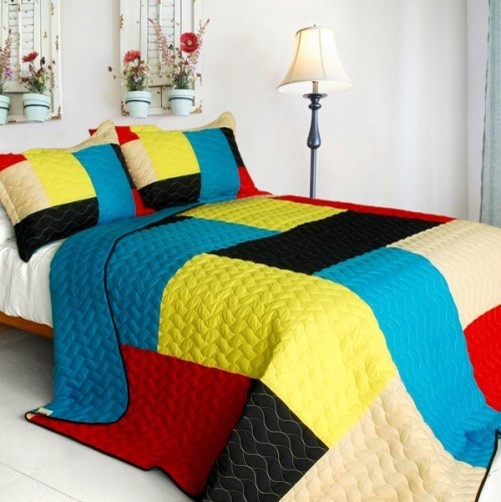 [Love in Sunlight] 3PC Vermicelli-Quilted Patchwork Quilt Set (Full/Queen Size)