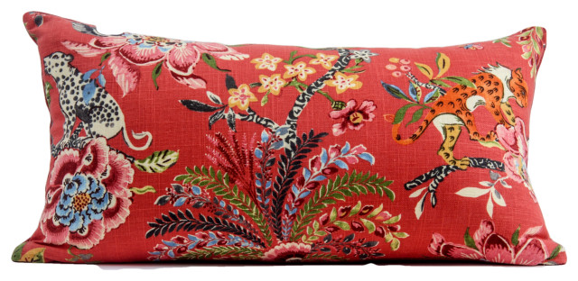 Red Chinoiserie Pillow Cover, Tropical Floral Red Pillow Cover, 12x24