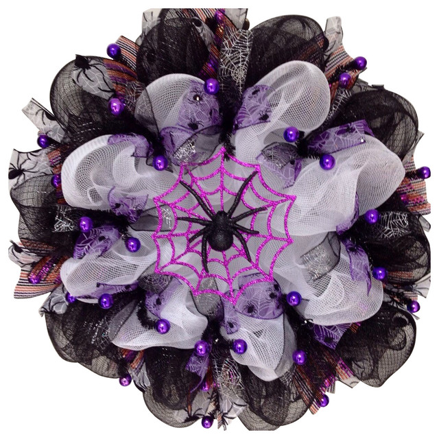 Glittering Purple Spider Web Halloween Handmade Deco Mesh Wreath ...
