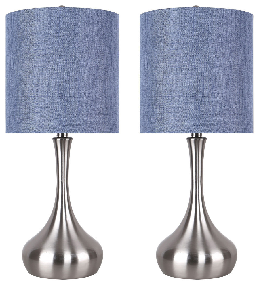 23" Brushed Nickel Table Lamps With Vase Design & Denim Blue Shade, Set