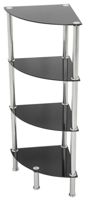 Corner 4 Tier Shelving Unit In Black Glass Chrome Contemporary Corner 4 Tier Shelving Unit In Black Glass Chrome