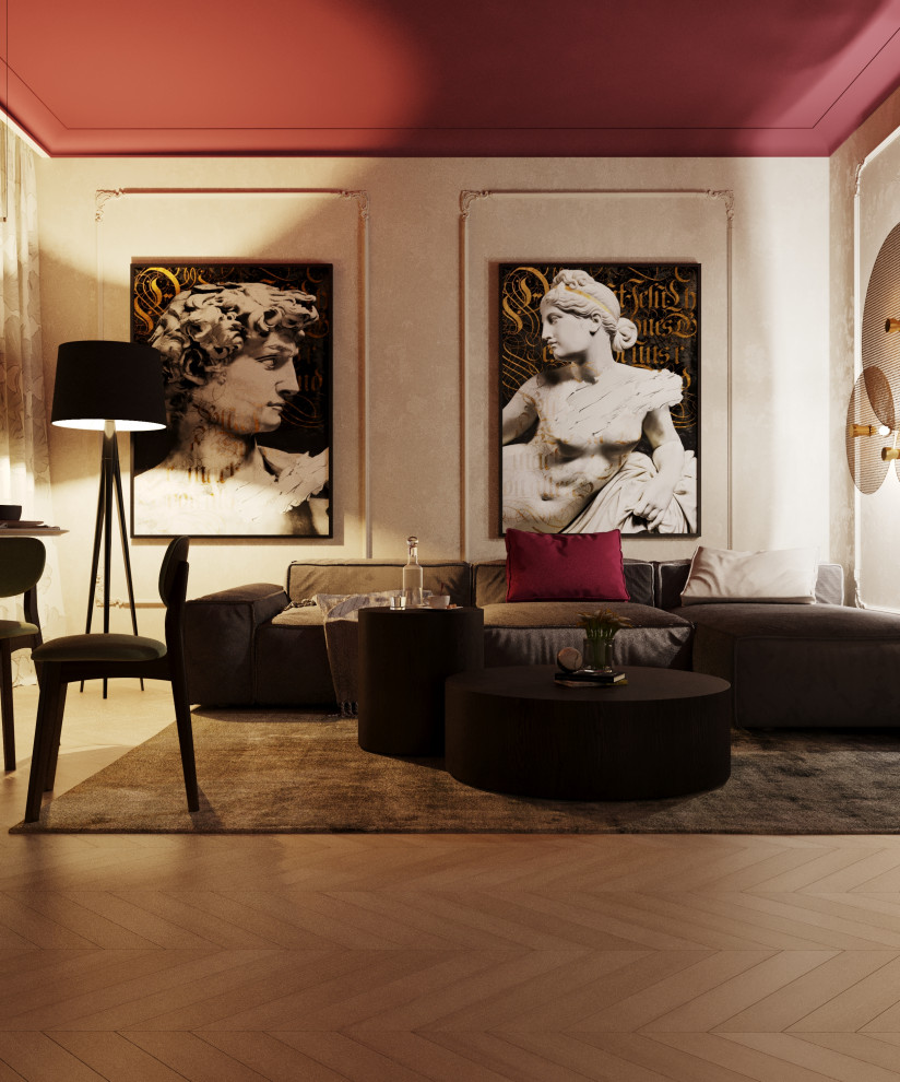 Смелая кухня-гостиная в стиле неоклассика