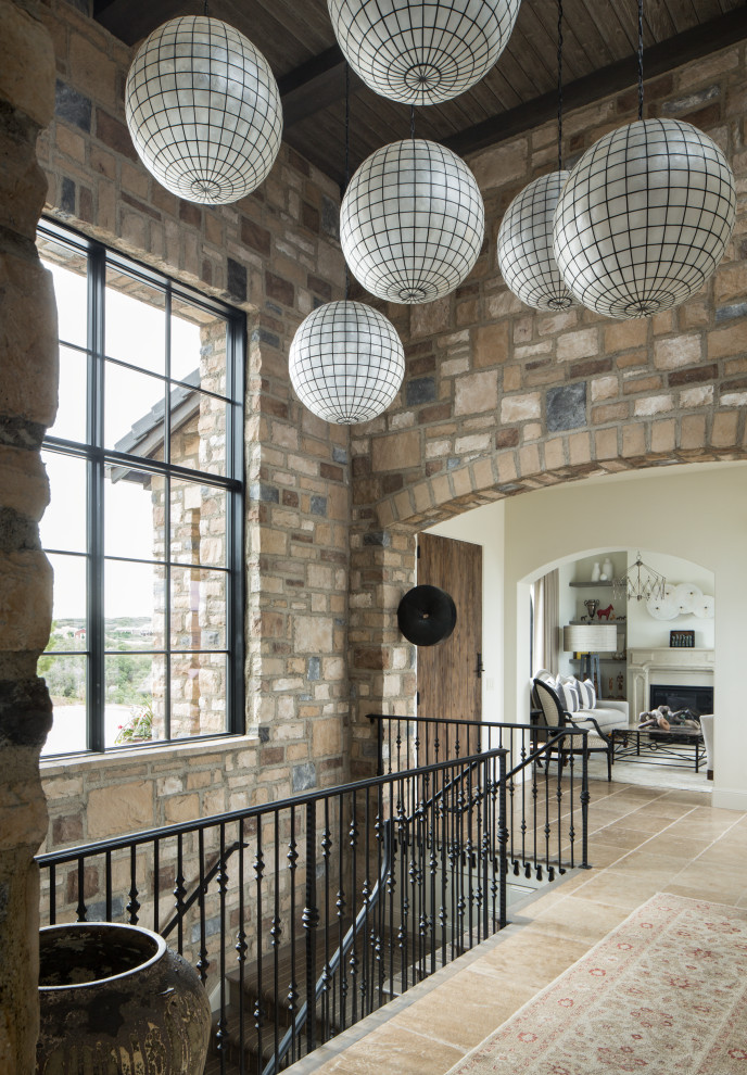 Inspiration for a rustic beige floor hallway remodel in Denver
