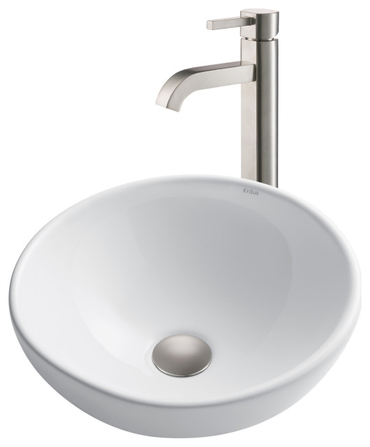 Elavo Round Ceramic Vessel Sink, Bathroom Ramus Faucet, PU Drain
