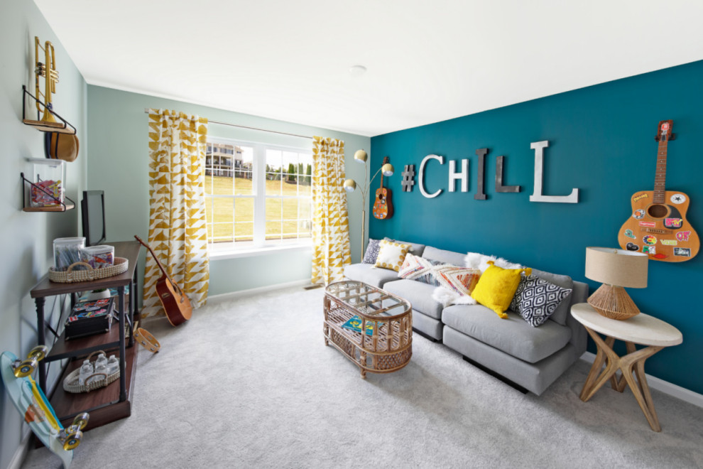 Foto di una cameretta per bambini moderna di medie dimensioni con pareti blu, moquette e pavimento grigio