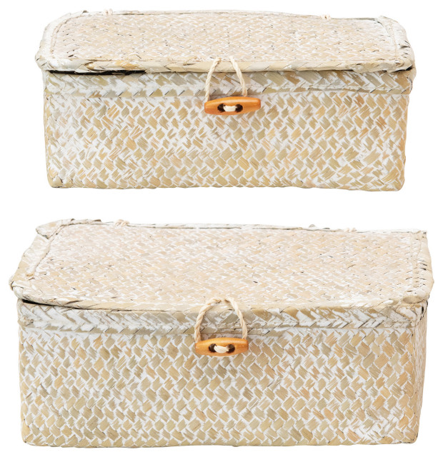 HandWoven Seagrass Boxes With Lids/Toggle Closure, Whitewashed, 2