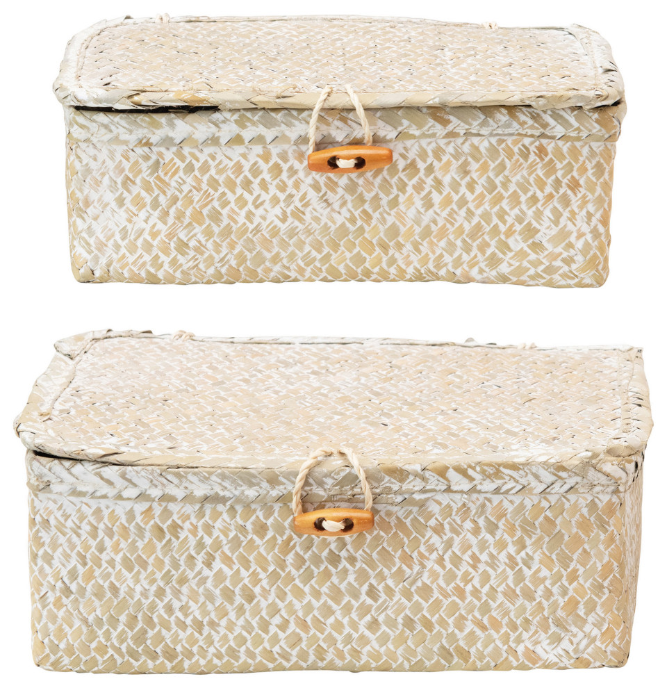 HandWoven Seagrass Boxes With Lids/Toggle Closure, Whitewashed, 2