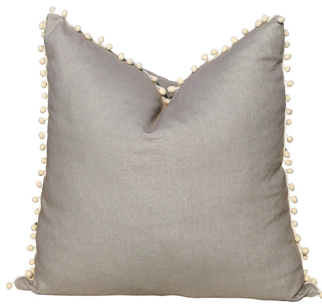 Gray Linen Pillow Cover With Off White PomPom Trim Traditional Decorative Pillows by