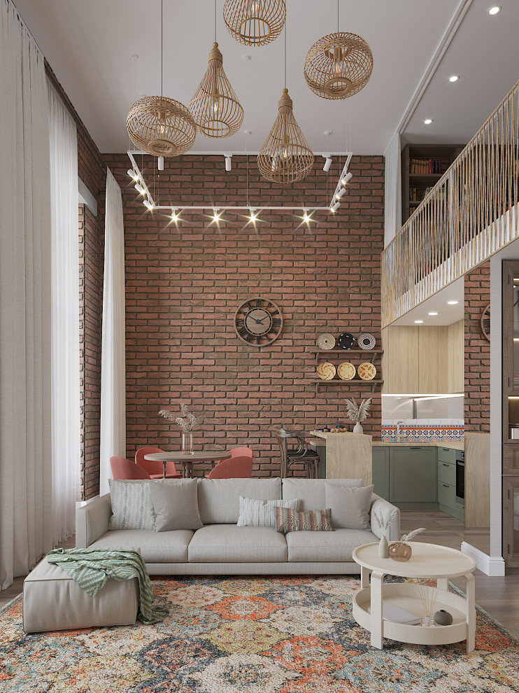 Пример оригинального дизайна: двухуровневая, объединенная гостиная комната среднего размера в стиле ретро с разноцветными стенами, полом из винила, отдельно стоящим телевизором, коричневым полом и кирпичными стенами без камина