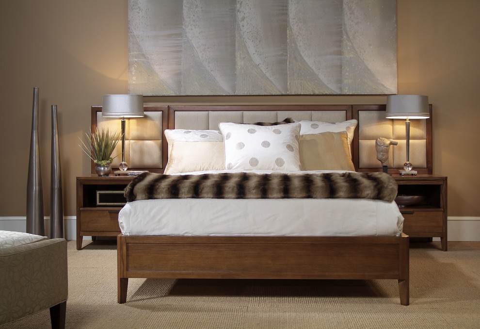 Design ideas for a large traditional master bedroom in Boston with brown walls, carpet, no fireplace and beige floor.